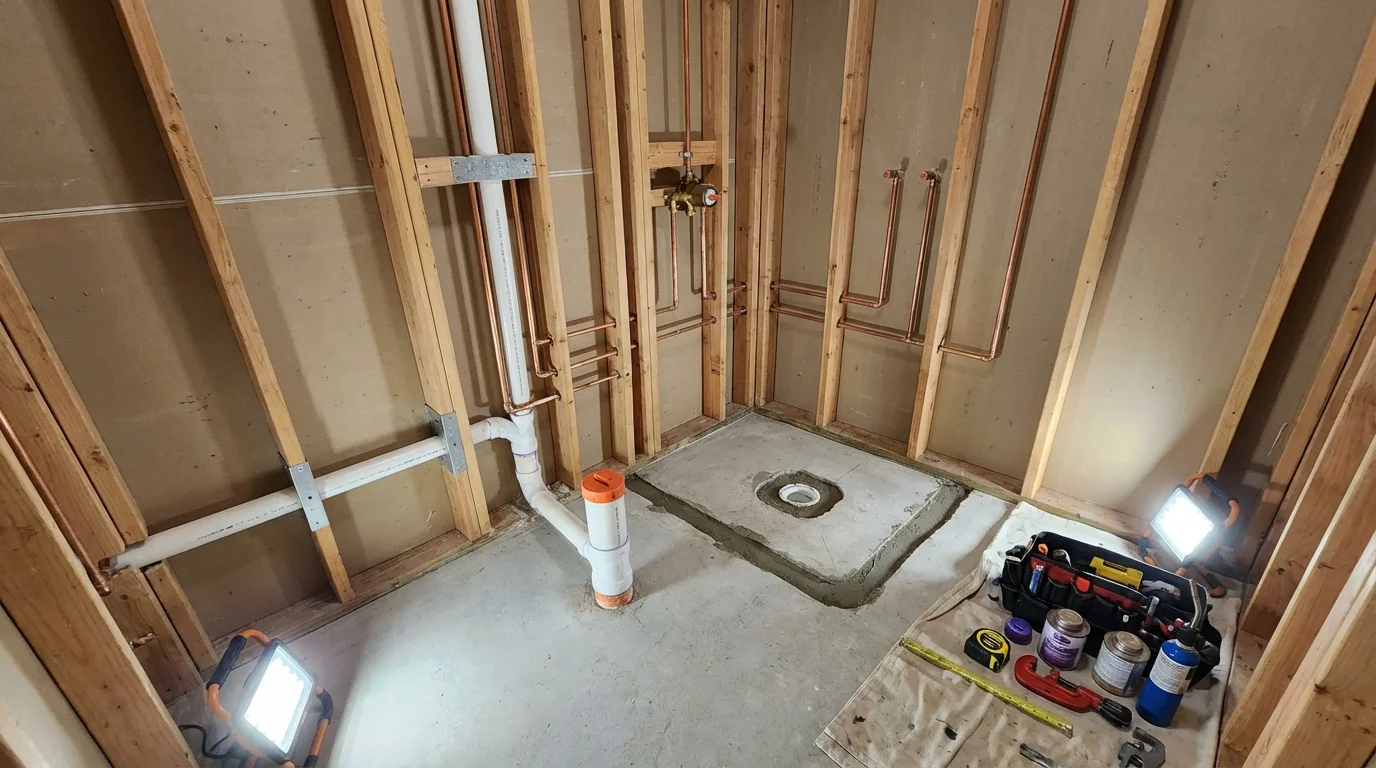 Bathroom rough-in plumbing during remodel by Johns Plumbing LLC in Prague