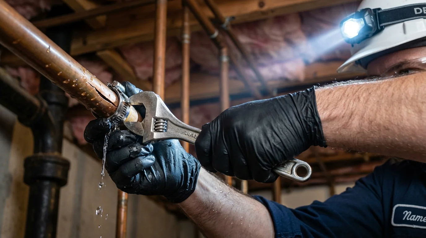 Emergency pipe clamp repair being performed by a Johns Plumbing LLC plumber in Prague