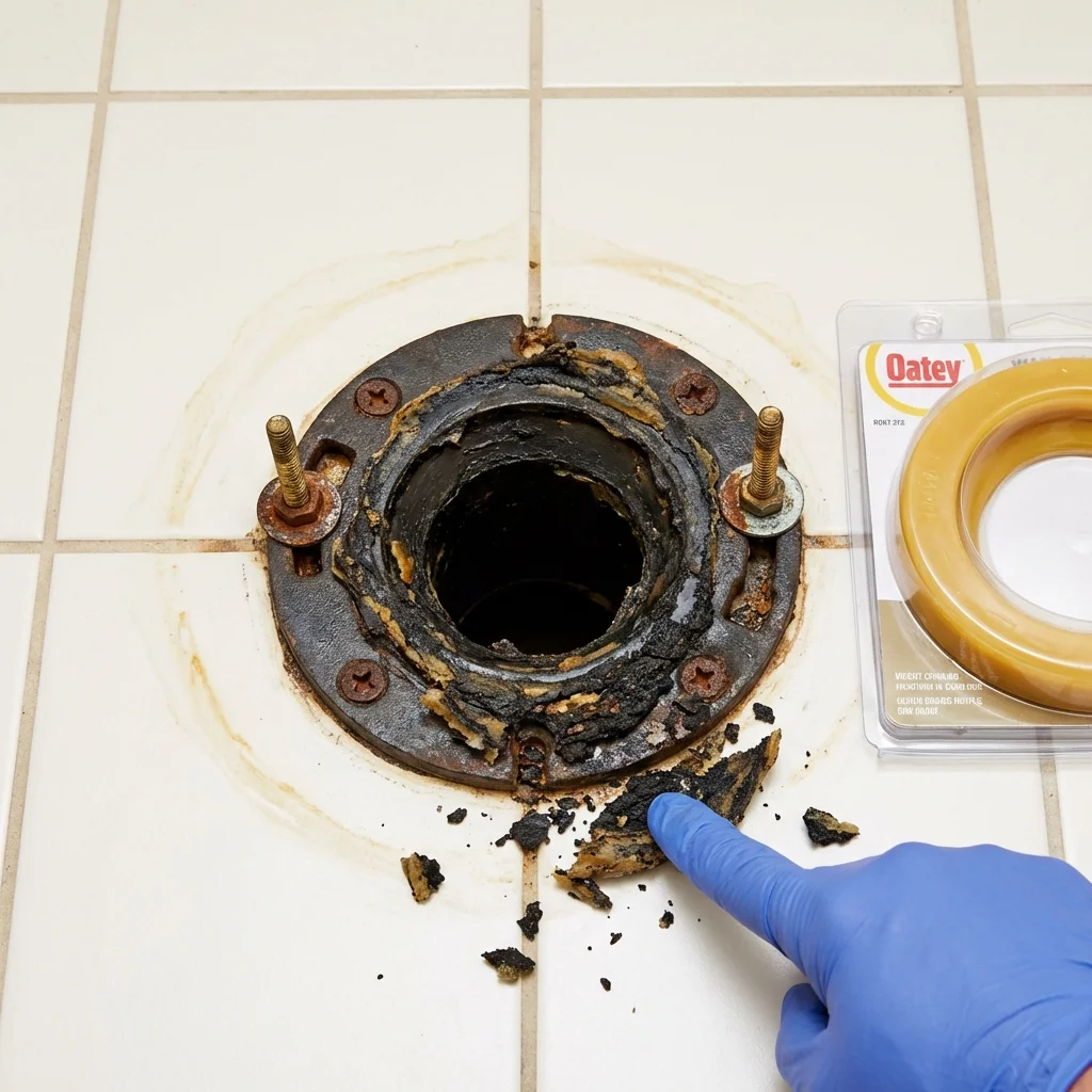 Failed wax ring showing water seepage at the base of a toilet in a Prague, OK home