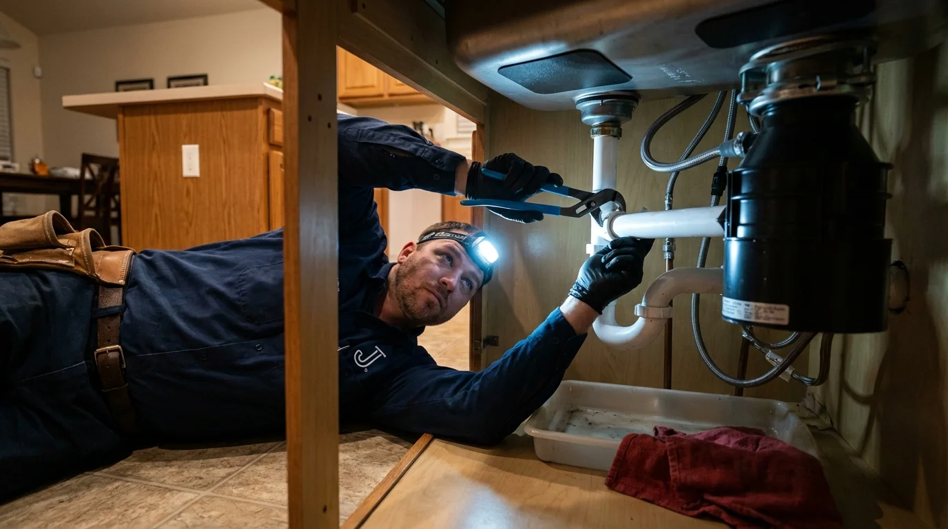 P-trap and supply line connections under a kitchen sink showing a common leak point in Prague, OK